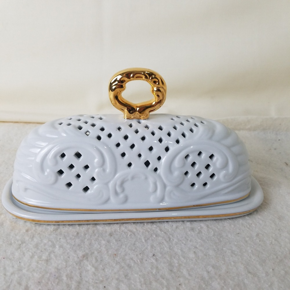 Elegant White and Gold Butter Dish